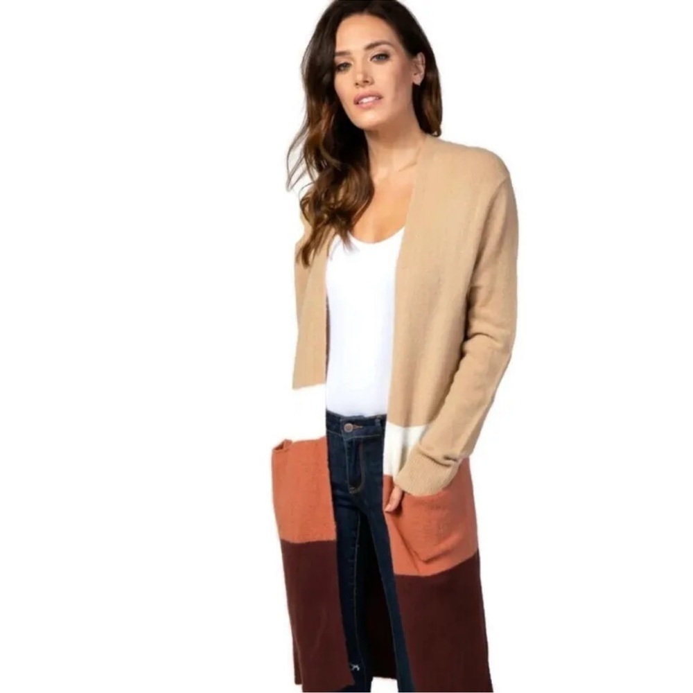 BECOOL Women’s Cardigan Sweater Color block Pockets Long Line Size Medium